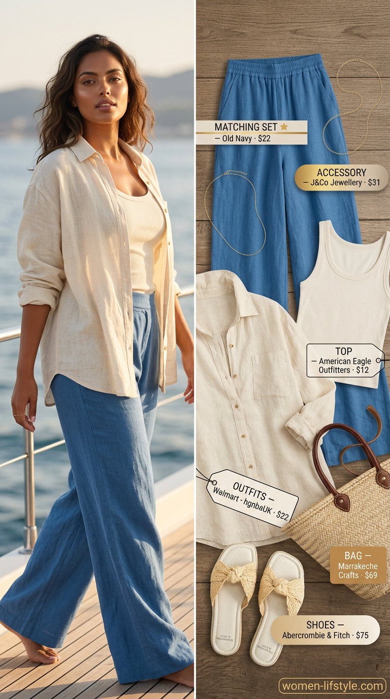 Relaxed summer sailing boat outfit for women 2026: linen set, espadrilles, straw tote, and gold necklace for coastal brunch.