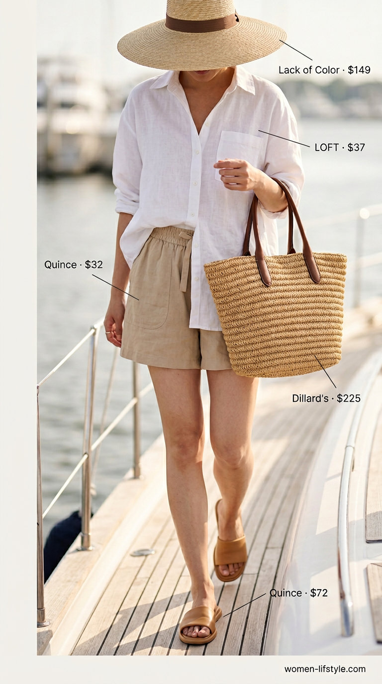 Relaxed sand beige linen shorts for summer sailing boat outfits for women 2026. Oversized linen shirt.