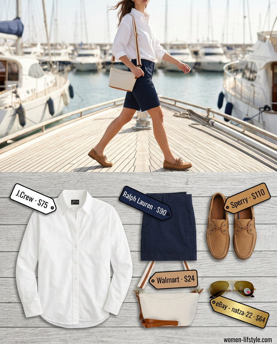Polished summer sailing boat outfit for women 2026: navy capri shorts, white button-down, boat shoes, and aviators.