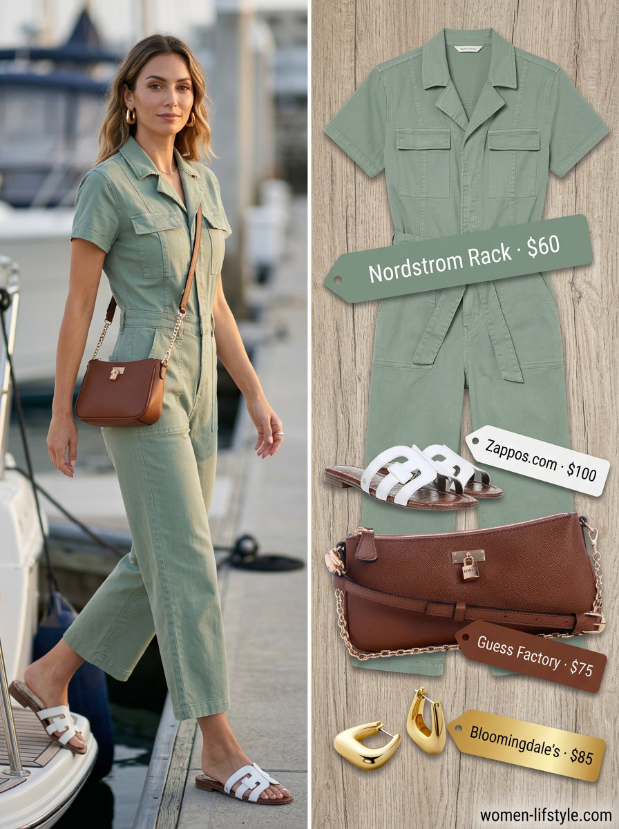 Modern summer sailing boat outfit for women 2026: olive green utility jumpsuit, gold hoops, and white slides for active days.