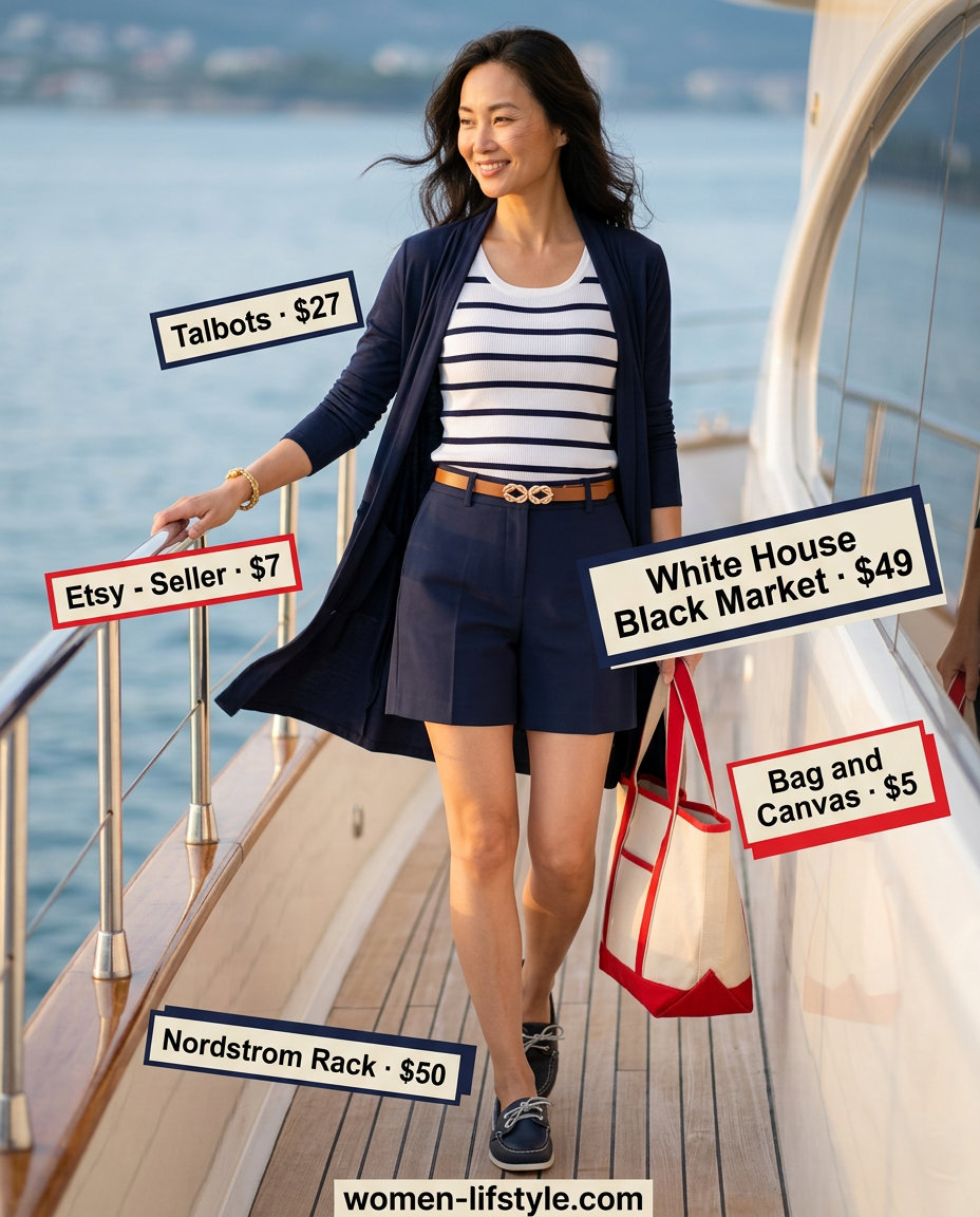 Classic sailor-inspired shorts combo for summer sailing boat outfits for women 2026. Navy shorts & striped top.