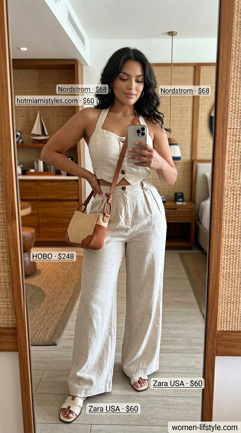 Chic summer sailing boat outfit for women 2026: sand beige linen set, flat sandals, gold hoops, and crossbody bag.