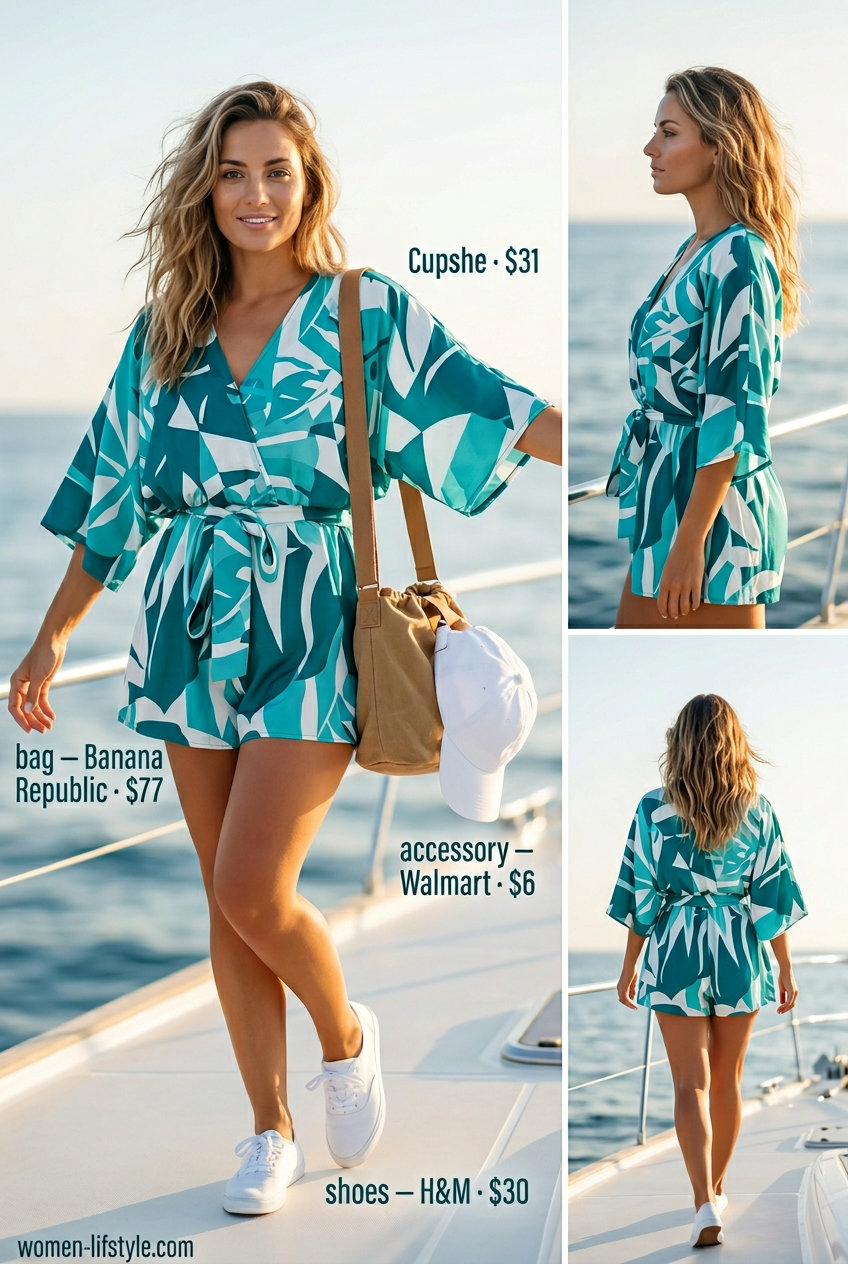Playful summer sailing boat outfit for women 2026: teal printed romper, white sneakers, baseball cap, and canvas bag.