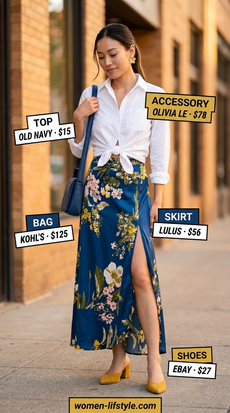 Artsy Summer Satin Skirt Outfits for Women 2026 Floral satin skirt outfit for women 2026: White shirt, mustard mules, and navy bag for a gallery opening.