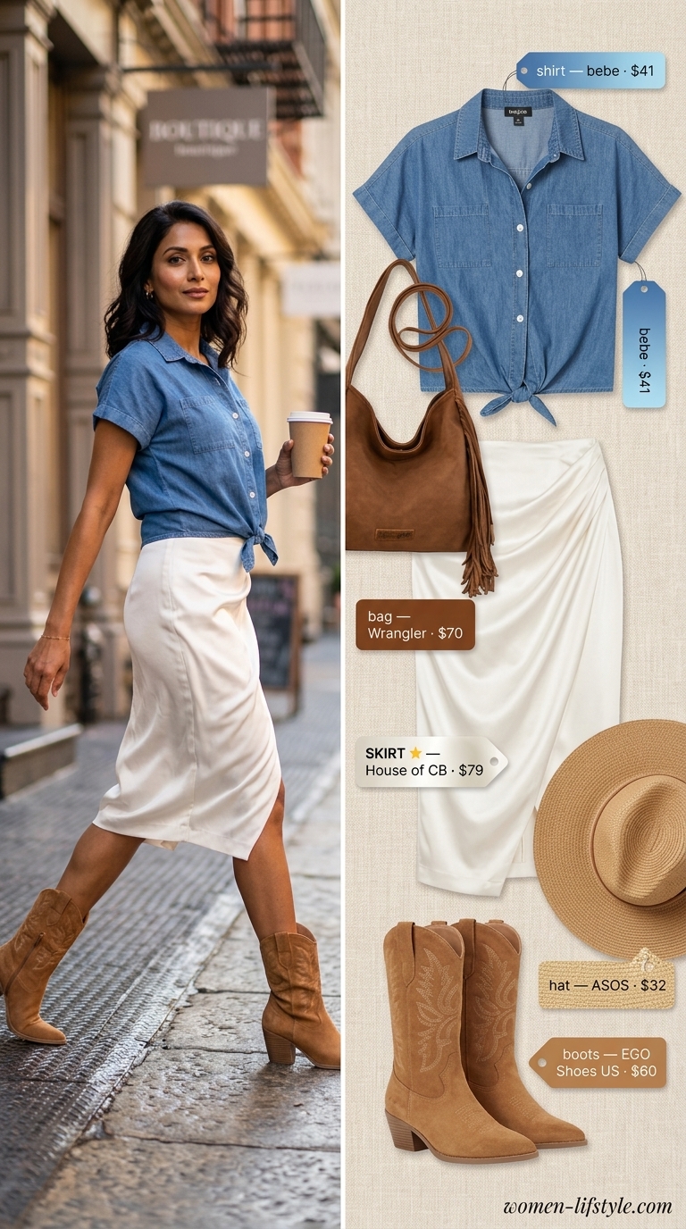 Boho Summer Satin Skirt Outfits for Women 2026 Ivory satin skirt outfit for women 2026: Denim shirt, cowboy boots, and straw hat for a casual dinner.