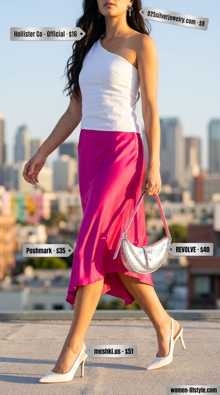 Bold Summer Satin Skirt Outfits for Women 2026 Fuchsia satin skirt outfit for women 2026: White one-shoulder top, silver bag, and heels for a fashion event.
