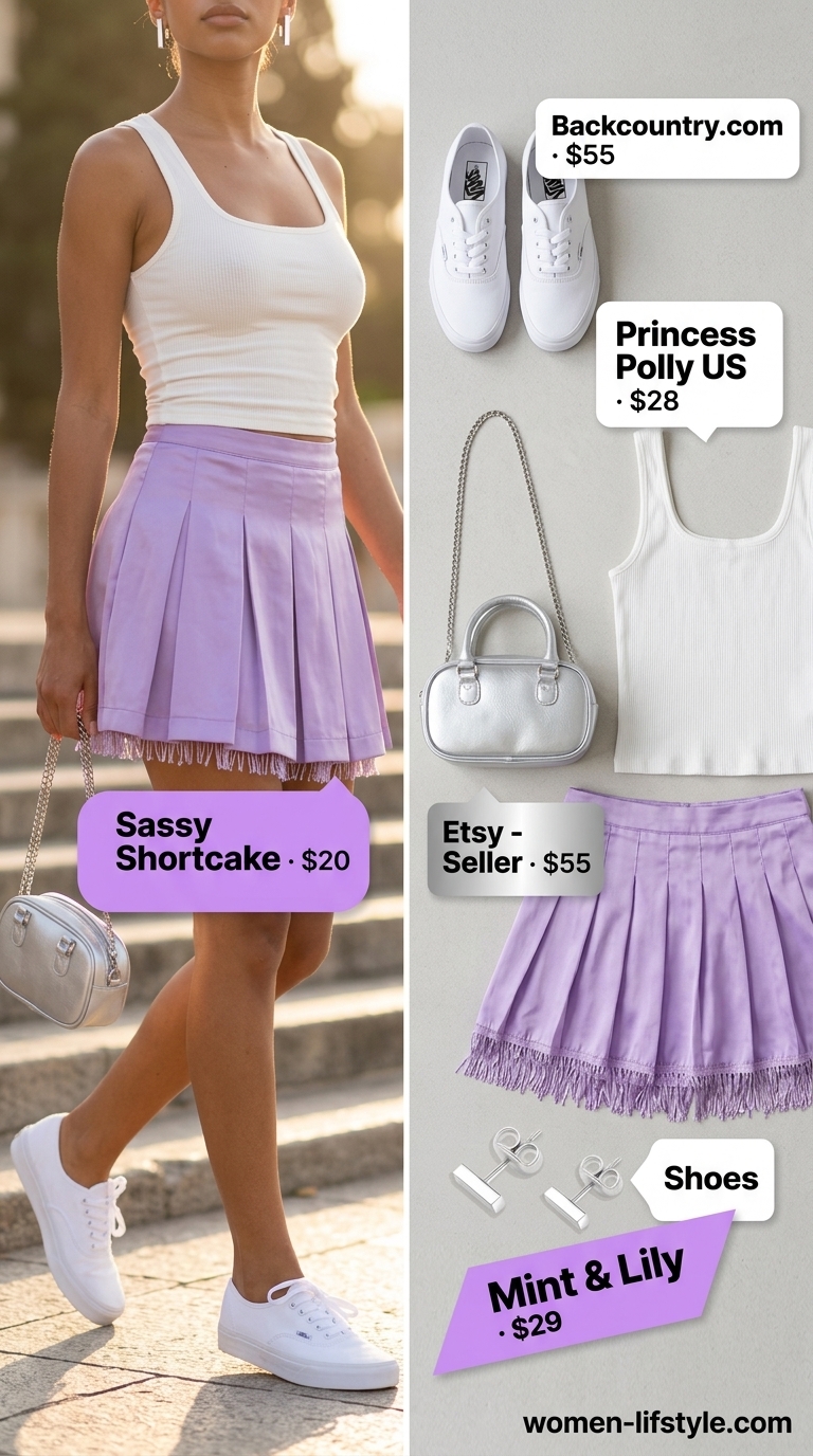Sweet Summer Satin Skirt Outfits for Women 2026 Lavender satin skirt outfit for women 2026: White top, sneakers, and silver bag for a casual date.