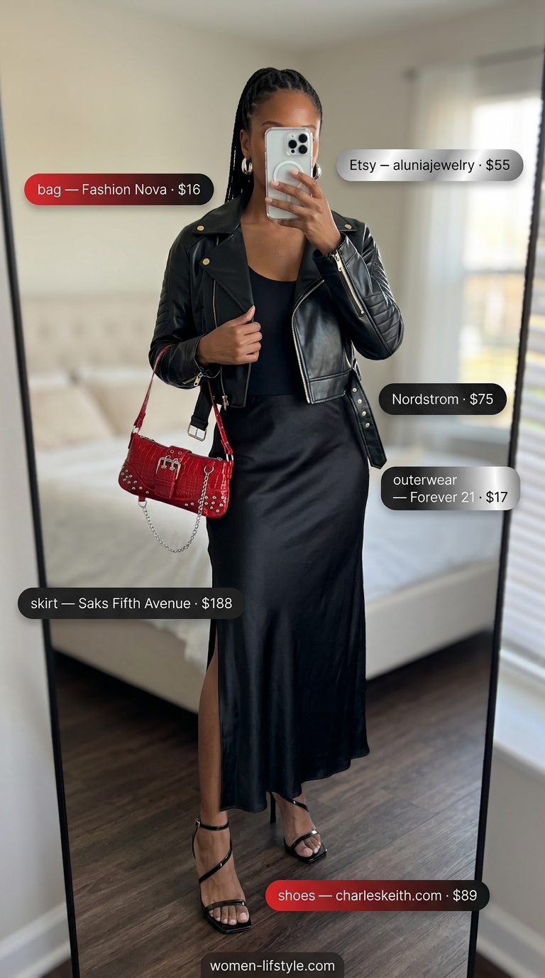 Chic Summer Satin Skirt Outfits for Women 2026 Black satin skirt outfit for women 2026: Bodysuit, heels, and leather jacket for a night out.