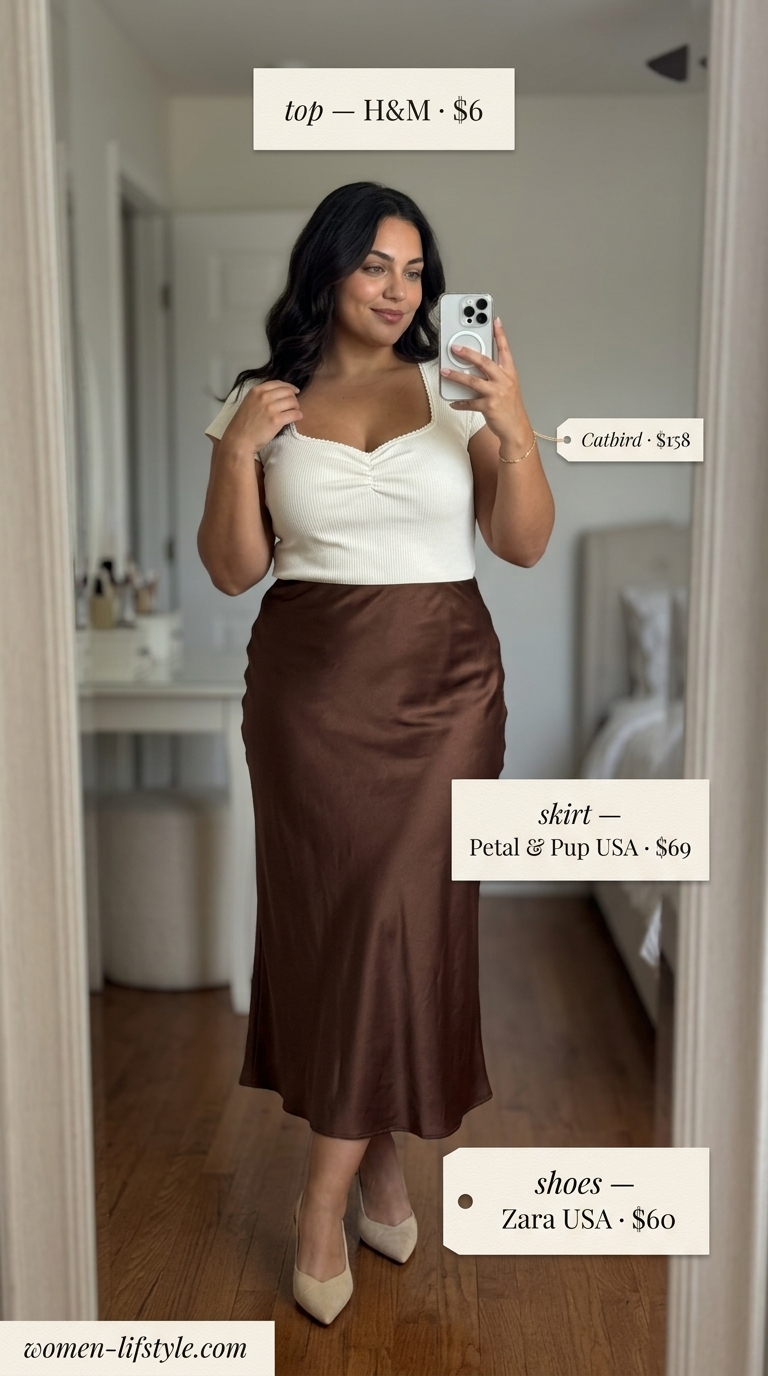 Retro Summer Satin Skirt Outfits for Women 2026 Chocolate brown satin skirt outfit for women 2026: Cream knit top, brown bag, and heels for vintage charm.