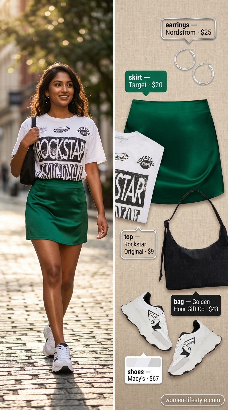 Edgy Summer Satin Skirt Outfits for Women 2026 Emerald green satin skirt outfit for women 2026: Graphic tee, chunky sneakers, and black bag.