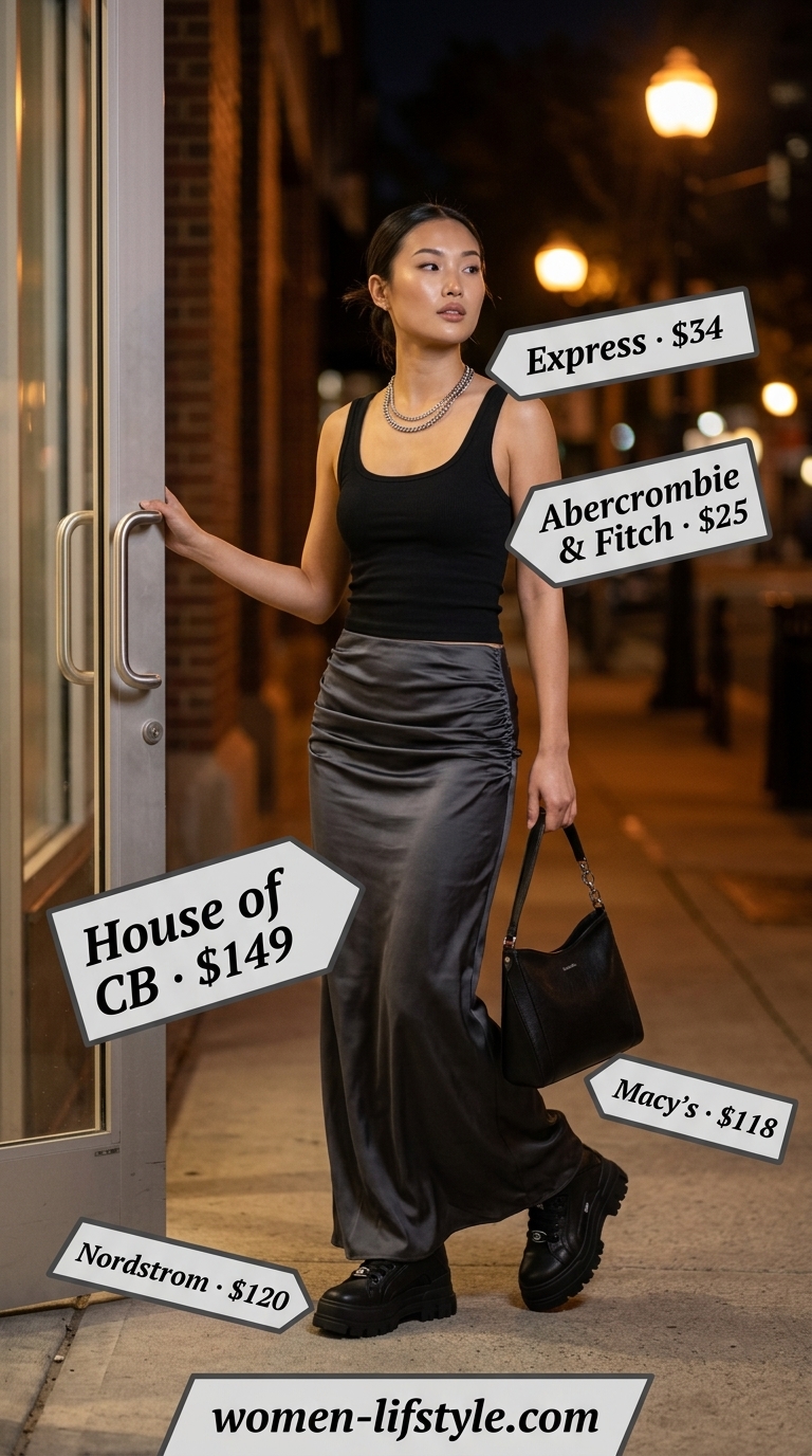 Modern Summer Satin Skirt Outfits for Women 2026 Charcoal grey satin skirt outfit for women 2026: Crop top, platform boots, and mini bag for clubbing.