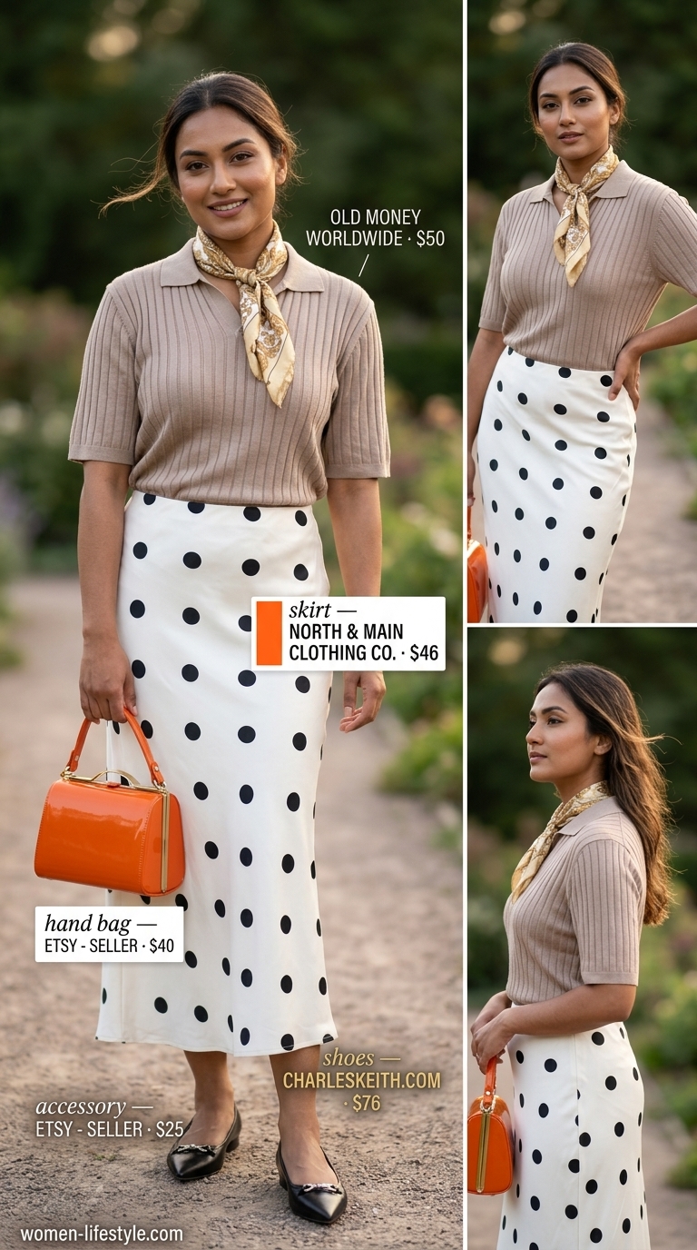 Vintage Summer Satin Skirt Outfits for Women 2026 Polka dot satin skirt outfit for women 2026: Tan polo shirt, orange bag, and scarf for tea.