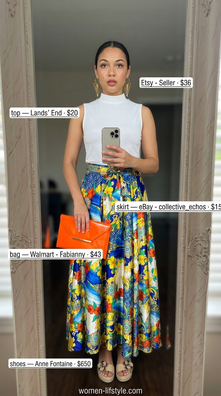 Summer Satin Skirt Outfits 2026: Abstract Print Maxi Skirt Abstract print satin maxi skirt outfit for women 2026: Bold art gallery look with mock neck top & espadrille wedges.
