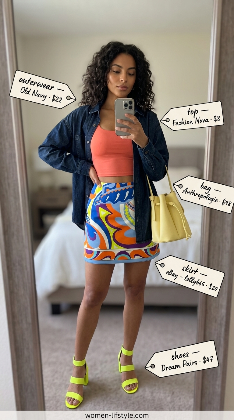 Summer Satin Skirt Outfits for Women 2026: Creative Vibes Abstract print satin skirt outfit for women 2026: Art skirt, coral crop top, denim shirt.