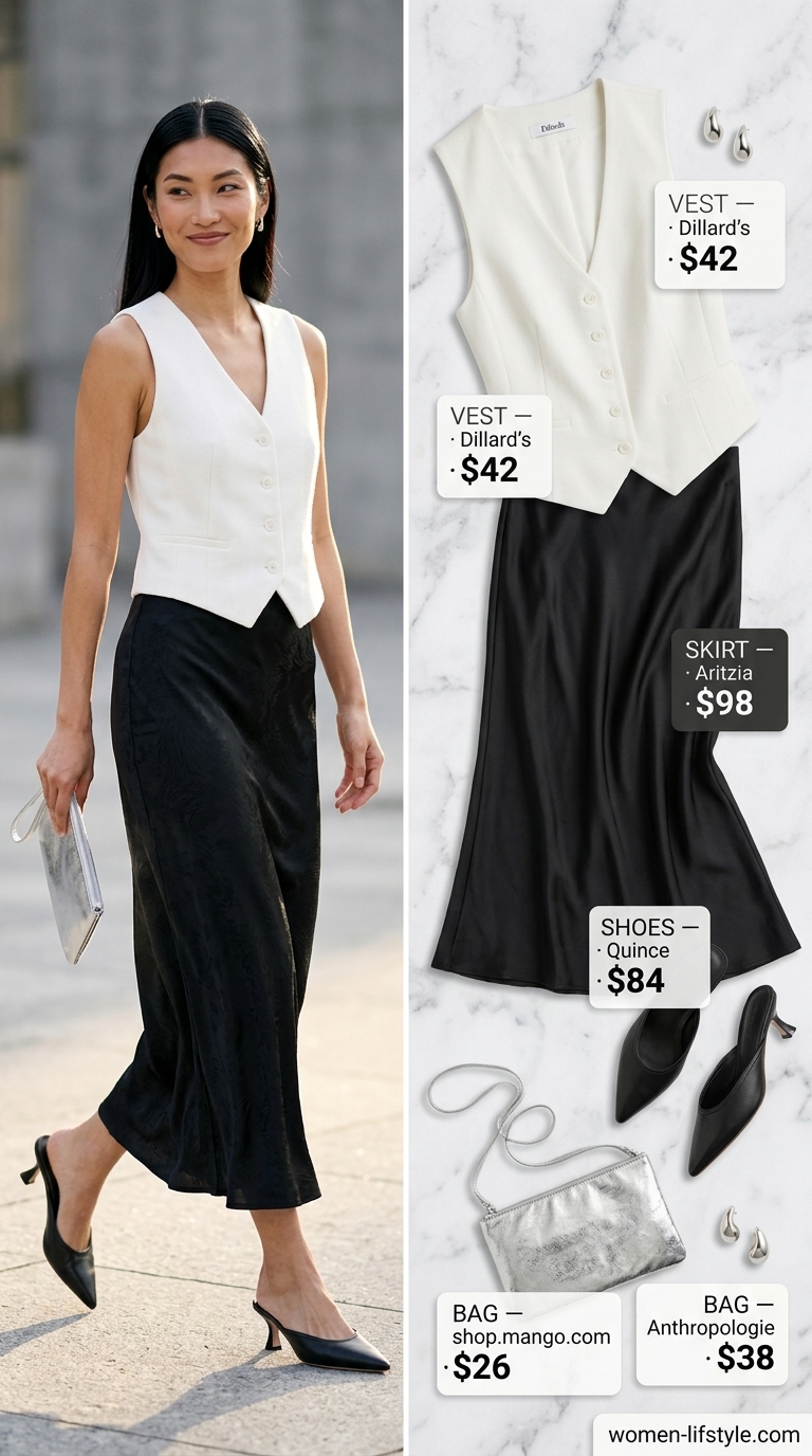 Summer Satin Skirt Outfits for Women 2026: Evening Elegance Black satin skirt outfit for women 2026: Maxi skirt, tailored vest, kitten heels, silver clutch.