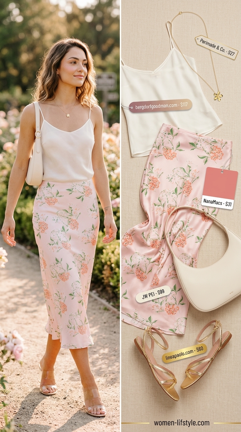 Summer Satin Skirt Outfits 2026: Blush Floral Midi Skirt Blush pink floral satin midi skirt outfit for women 2026: Romantic garden party look with cream camisole & flat sandals.