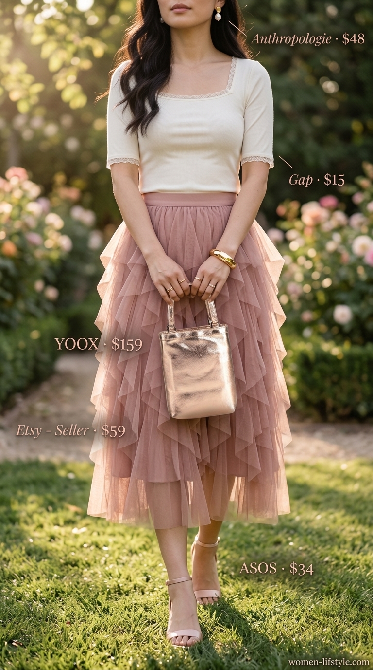 Blush pink tiered satin midi skirt outfit for women 2026: Whimsical tea party look with lace top & block heels.