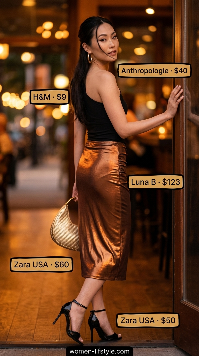 Summer Satin Skirt Outfits 2026: Bronze Mini Skirt Party Bronze satin mini skirt outfit for women 2026: Glamorous party look with one-shoulder top & chunky gold hoops.