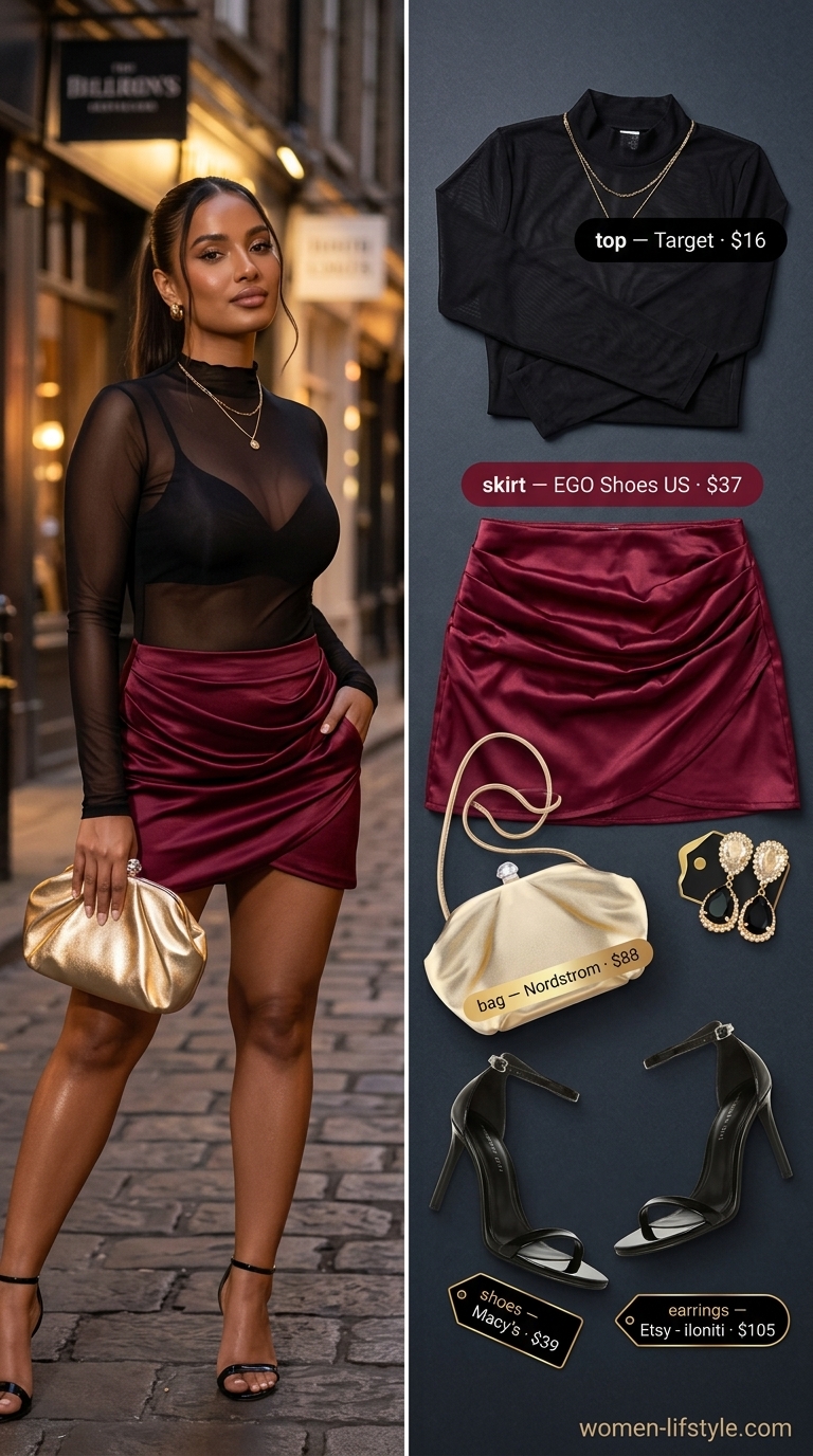 Summer Satin Skirt Outfits for Women 2026: Date Night Burgundy satin skirt outfit for women 2026: Ruched mini skirt, mesh top, stiletto heels, gold clutch.