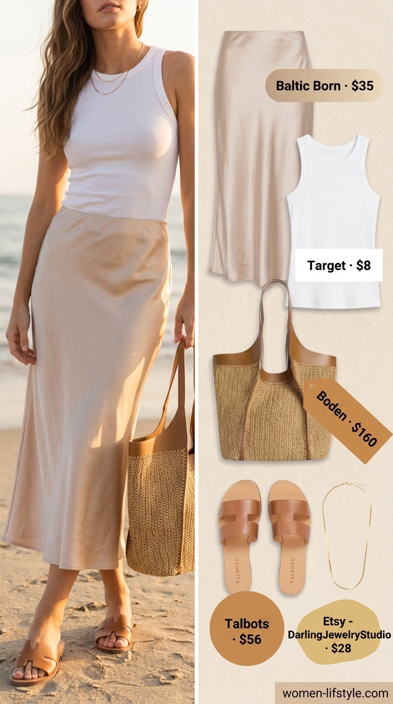 Summer Satin Skirt Outfits for Women 2026: Brunch Ready Champagne satin skirt outfit for women 2026: Midi skirt, ribbed tank, straw tote, flat sandals.