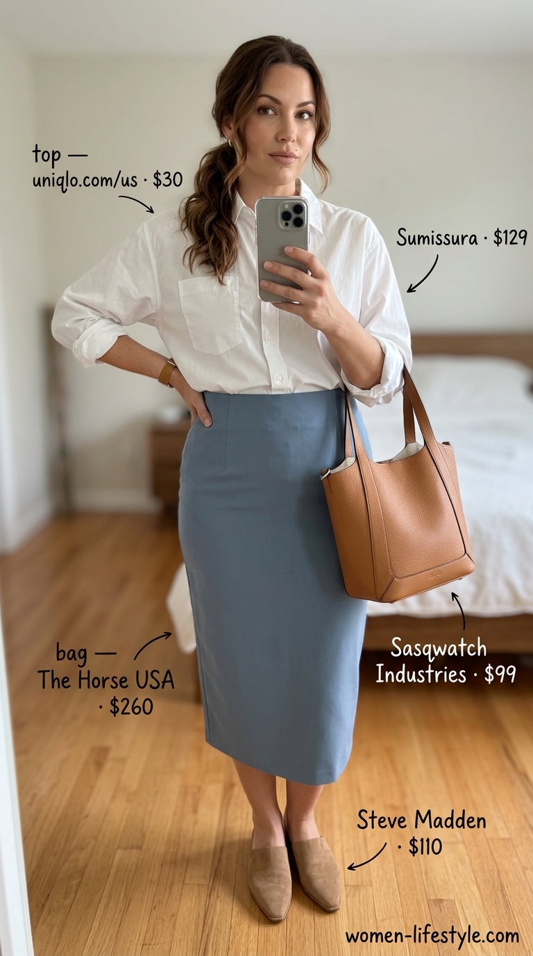 Summer Satin Skirt Outfits for Women 2026: Office Style Dusty blue satin skirt outfit for women 2026: Pencil skirt, white shirt, tan mules, tote bag.