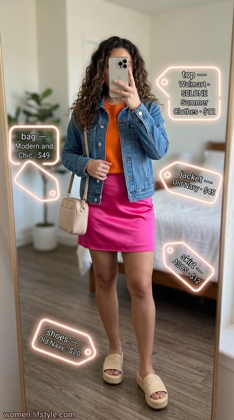Summer Satin Skirt Outfits for Women 2026: Brunch Style Hot pink satin skirt outfit for women 2026: Pink skirt, orange crop top, denim jacket, espadrilles.