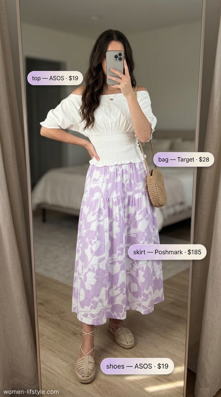 Summer Satin Skirt Outfits 2026: Lavender Floral Maxi Skirt Lavender floral satin maxi skirt outfit for women 2026: Romantic garden party look with puff sleeve top & espadrilles.