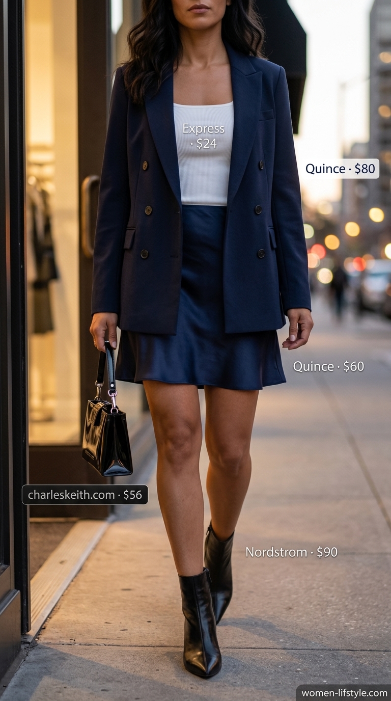 Summer Satin Skirt Outfits for Women 2026: City Nights Navy satin skirt outfit for women 2026: A-line skirt, white tank, blazer, ankle boots.