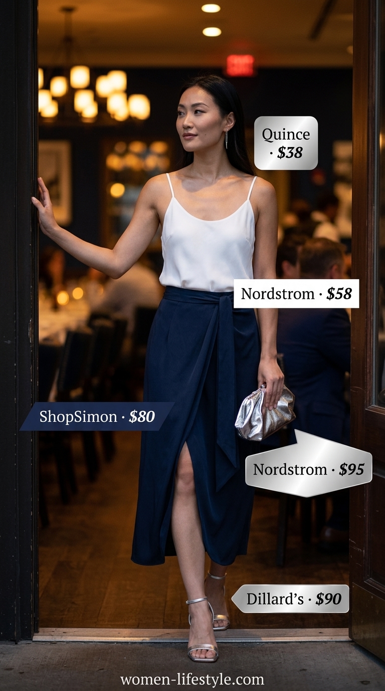 Summer Satin Skirt Outfits 2026: Navy Midi Skirt Date Night Navy satin midi skirt outfit for women 2026: Elegant navy skirt, white camisole, silver heels & clutch for evening.