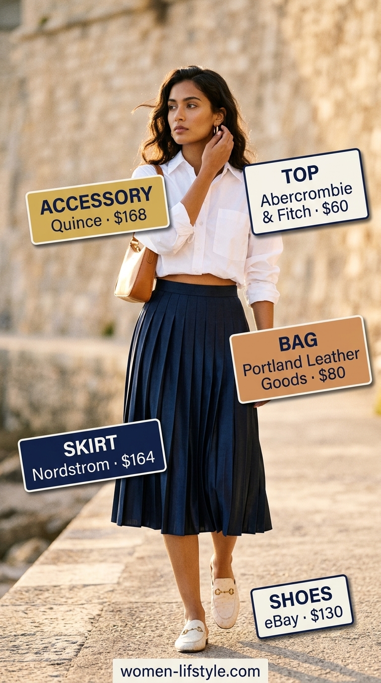 Summer Satin Skirt Outfits 2026: Navy Pleated Midi Skirt Navy pleated satin midi skirt outfit for women 2026: Chic resort look with oversized white shirt & loafers.