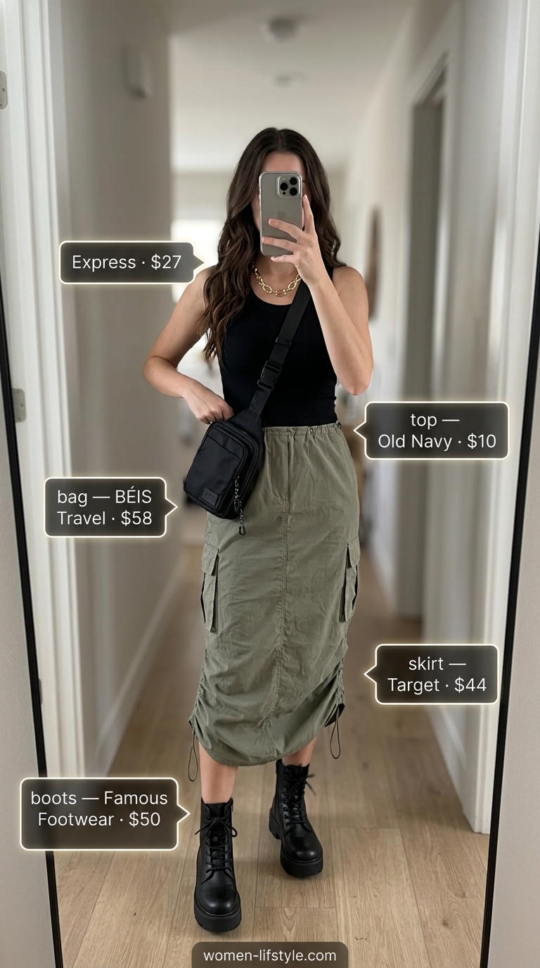 Summer Satin Skirt Outfits 2026: Olive Cargo Midi Skirt Olive green satin cargo skirt outfit for women 2026: Edgy city look with combat boots & fitted tank.