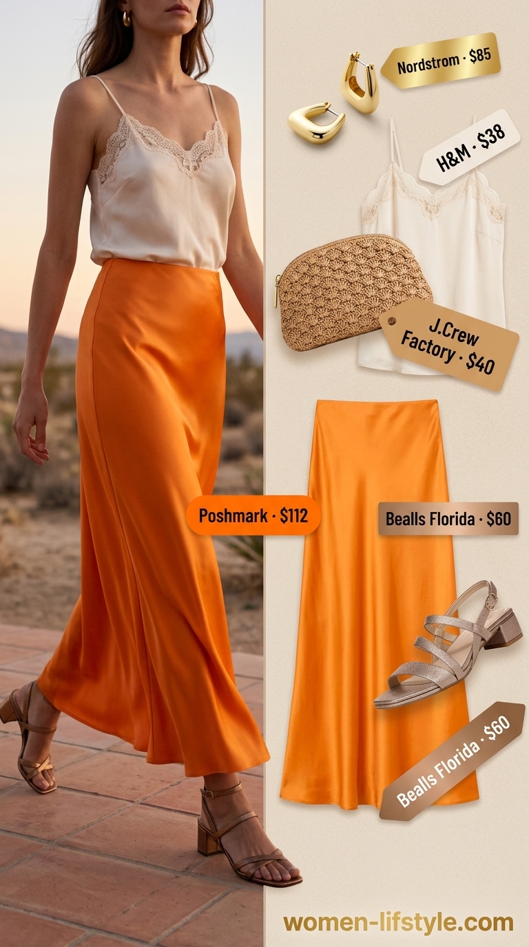 Summer Satin Skirt Outfits for Women 2026: Vacation Glam Terracotta satin skirt outfit for women 2026: Maxi skirt, lace cami, block heels, woven clutch.