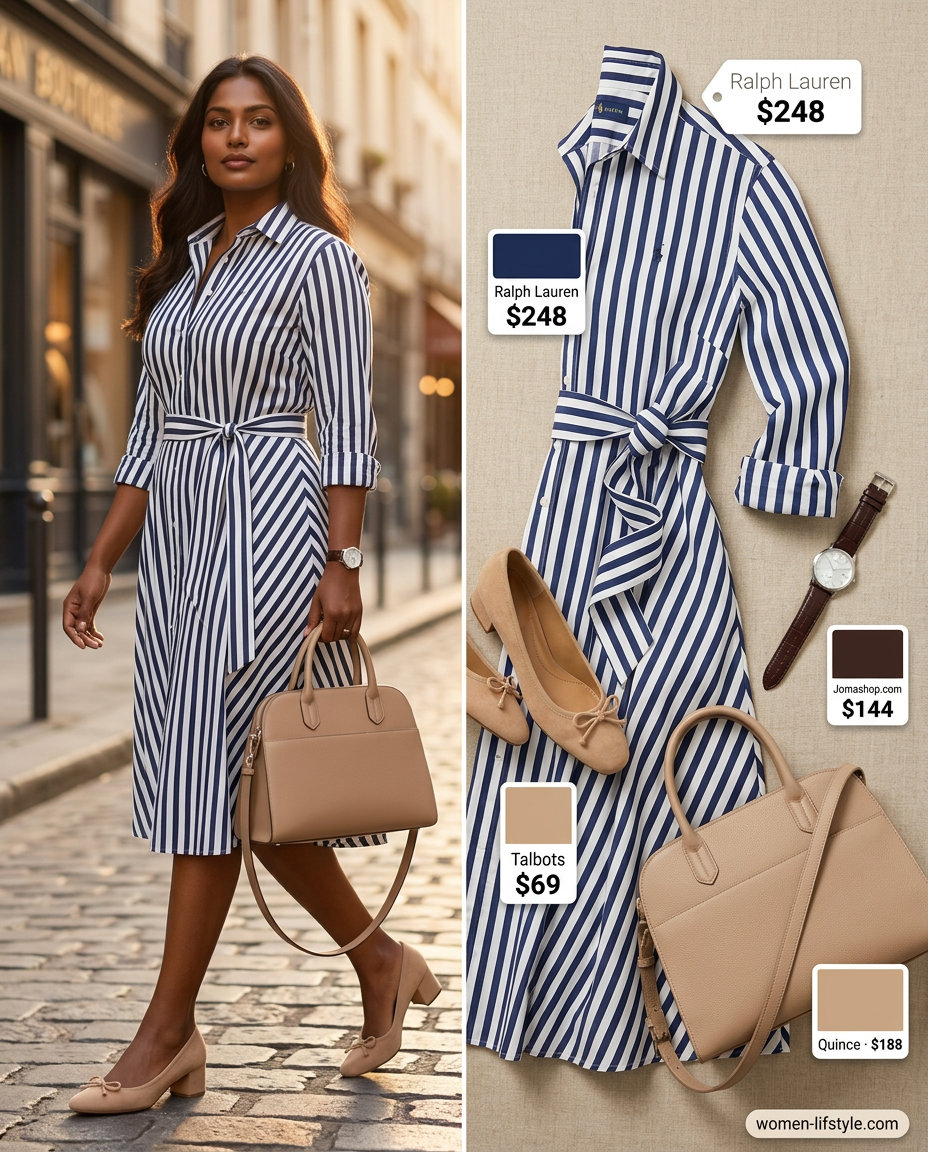 Navy and white striped shirt dress for women 2026, ideal for office casual or city exploration. Styled with beige suede pumps.
