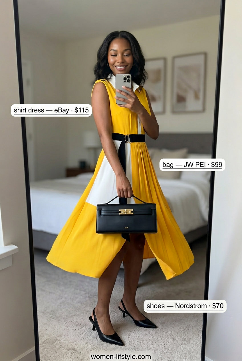 Yellow and white colorblock shirt dress for women 2026, perfect for art events and fashion-forward occasions. Styled with kitten heels.