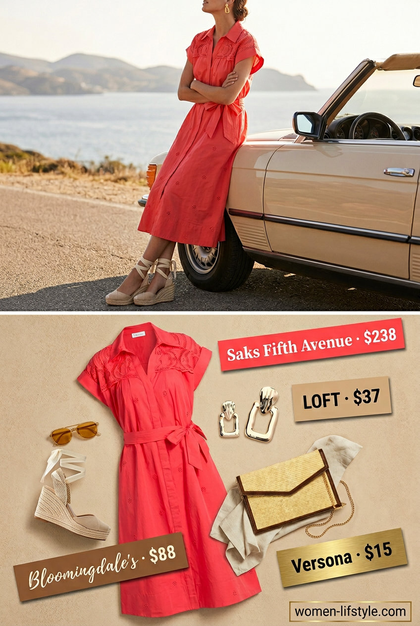 Vibrant coral shirt dress for women 2026, perfect for dinner dates and summer parties.