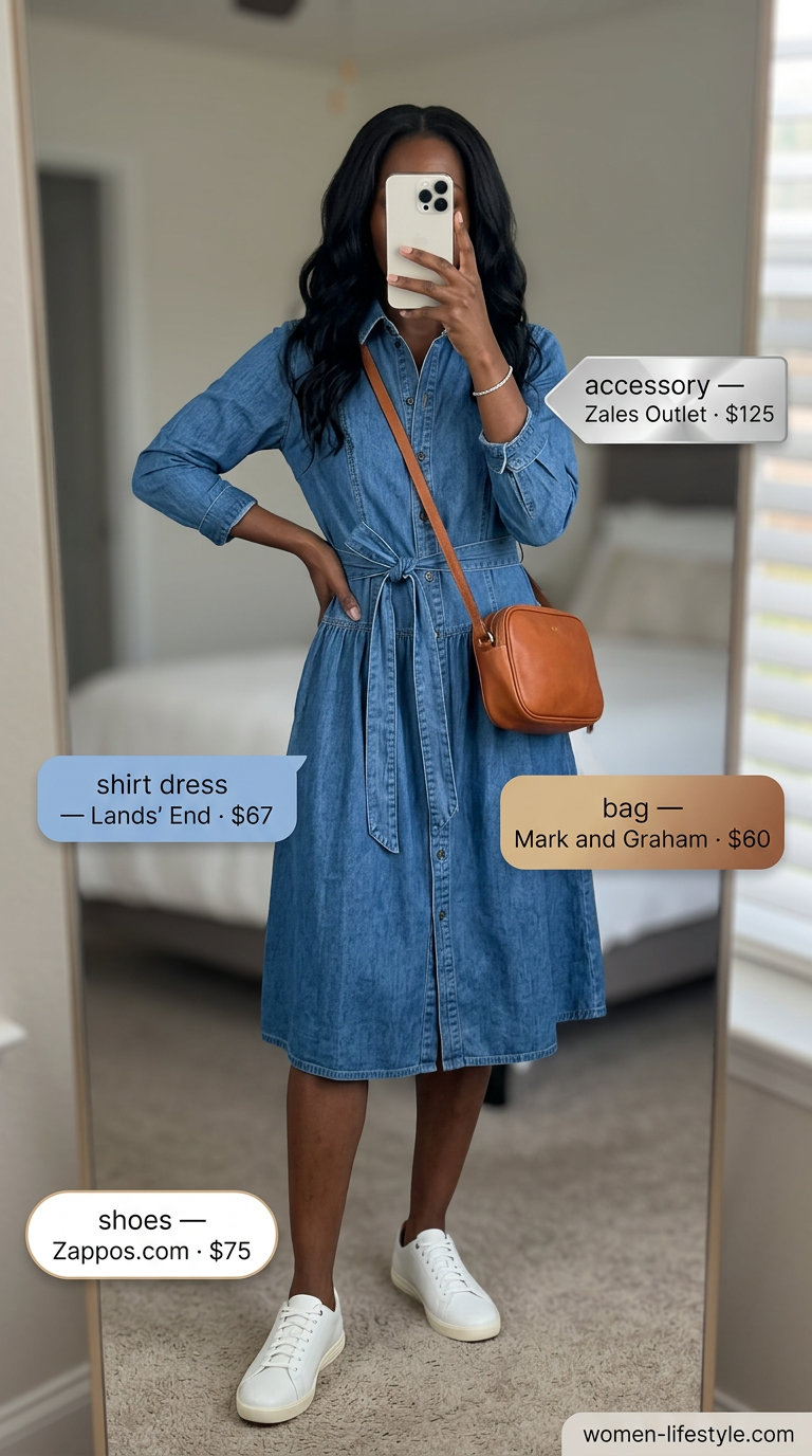 Denim shirt dress for women 2026, perfect for casual outings and daytime exploration. Styled with white sneakers and a crossbody bag.