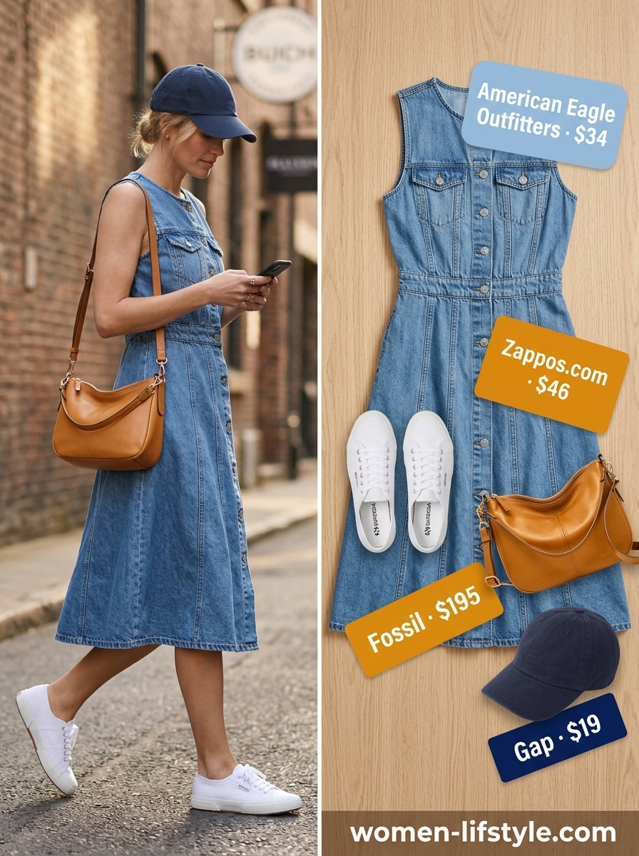 Casual light wash denim shirt dress for women 2026, styled with sneakers and a crossbody bag for effortless cool.