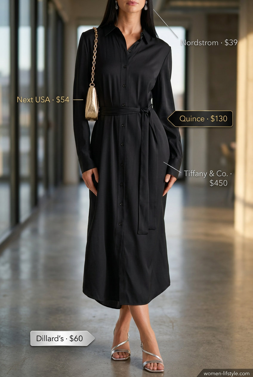 Elegant black satin shirt dress for women 2026, styled with metallic sandals and crystal earrings for a glamorous evening look.