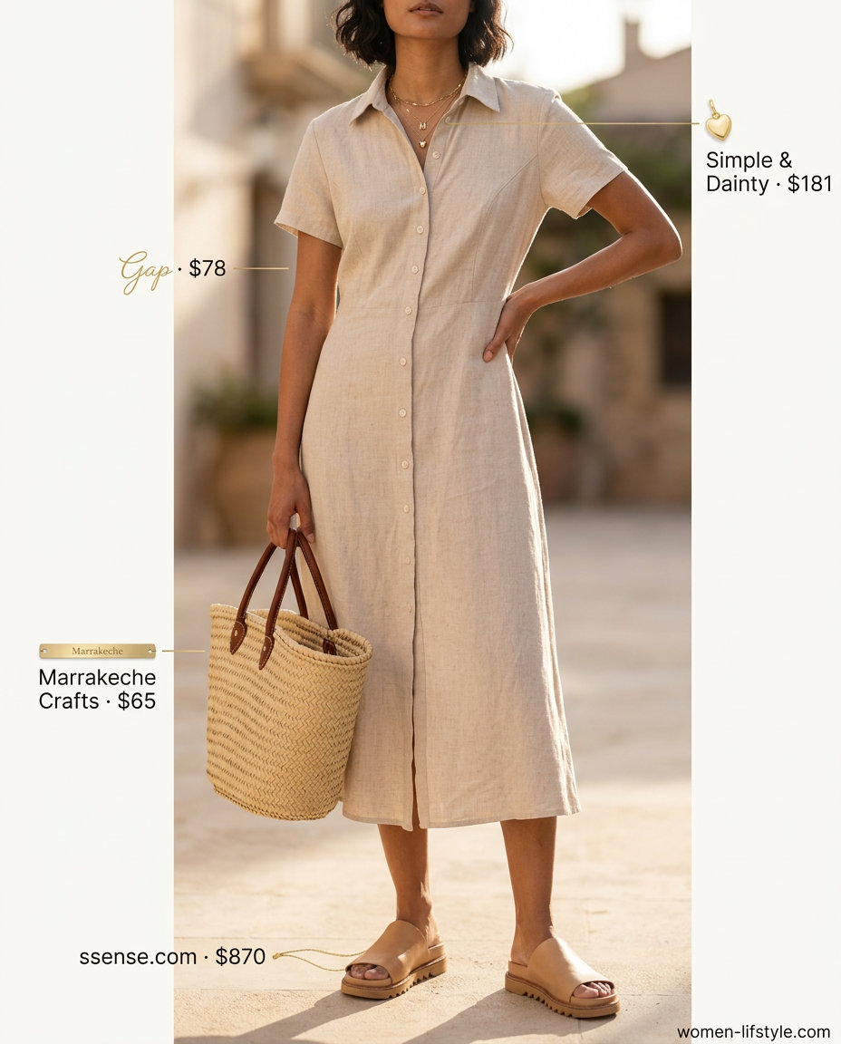Beige linen shirt dress for women 2026, perfect for casual daytime and summer brunch.
