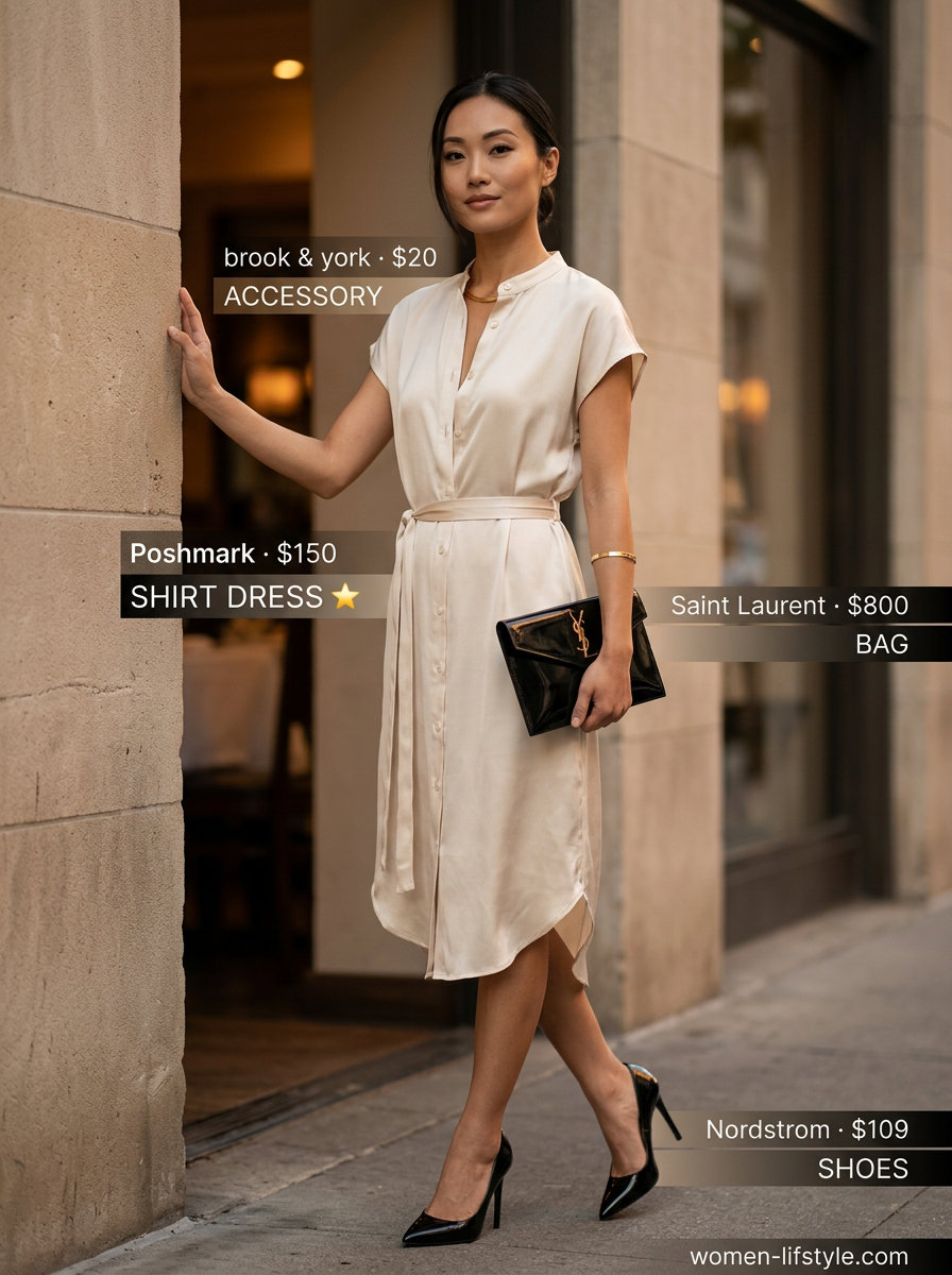 Modern minimalist cream silk shirt dress for women 2026, paired with black heels and gold jewelry for evening events.