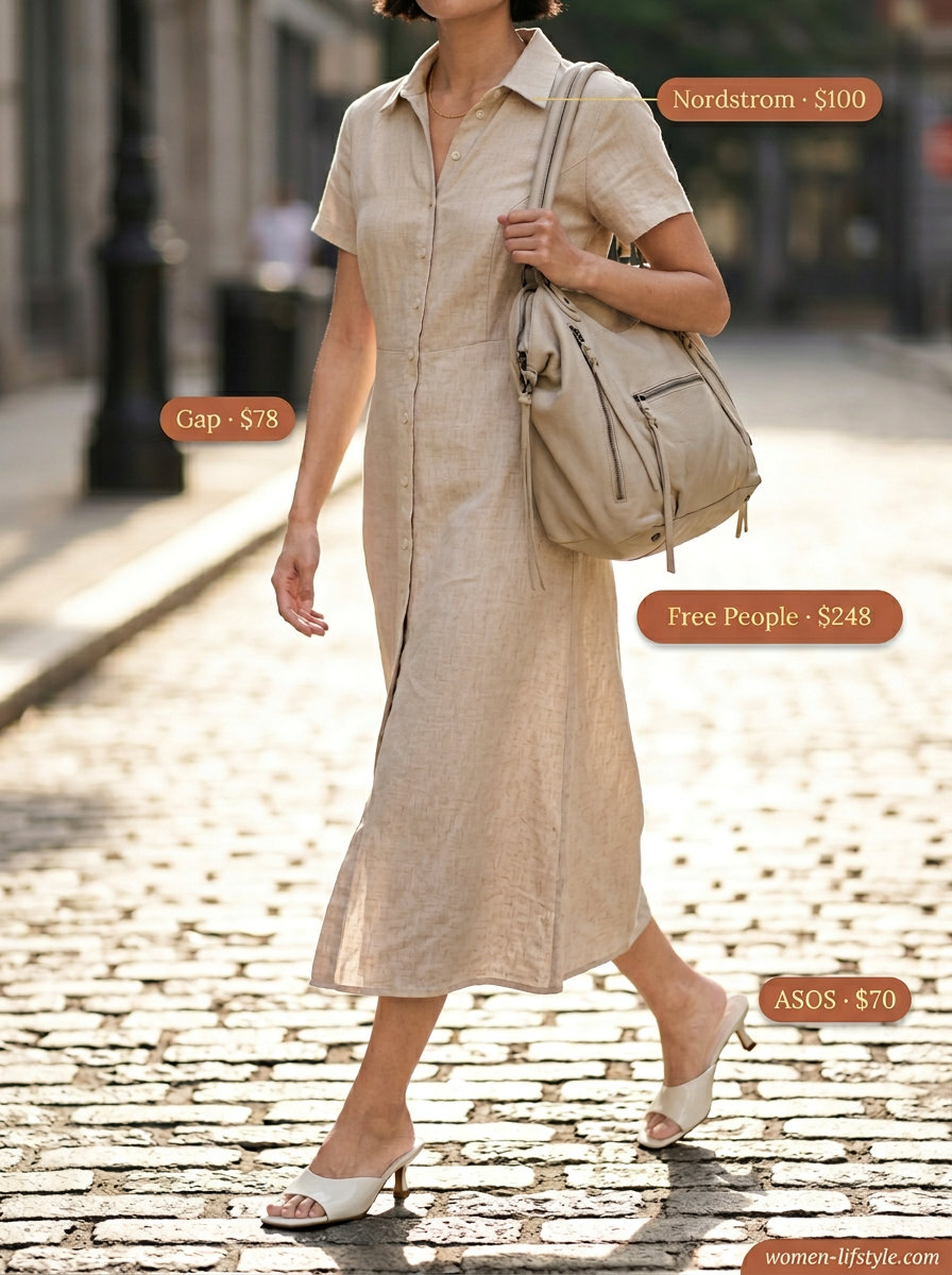 Beige linen shirt dress for women 2026, perfect for smart casual and travel outfits. Styled with cream mules and a structured tote.
