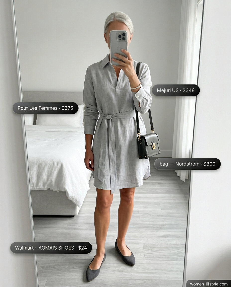 Monochrome linen midi shirt dress for women 2026 in light grey, styled with charcoal accessories for a sophisticated look.