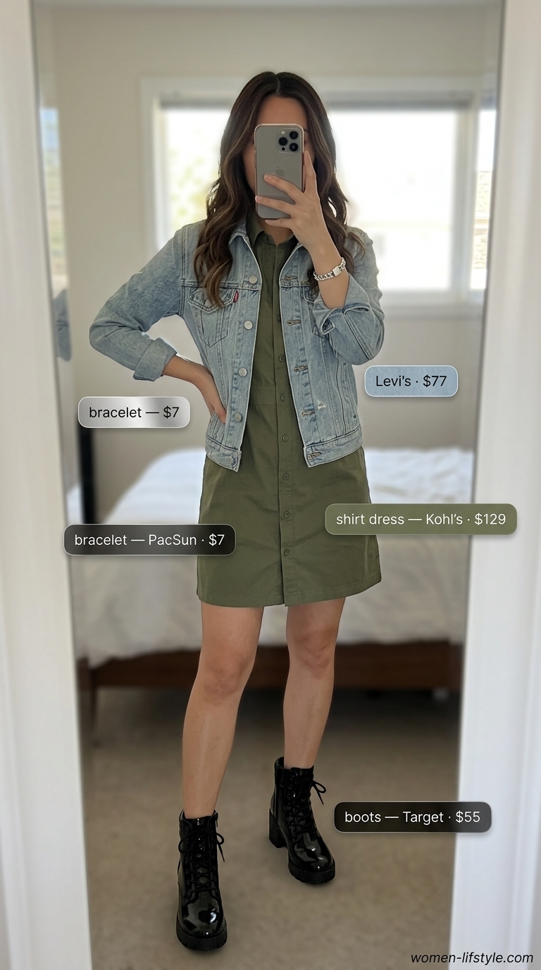 Olive green utility shirt dress for women 2026, layered with a denim jacket and combat boots for edgy city style.