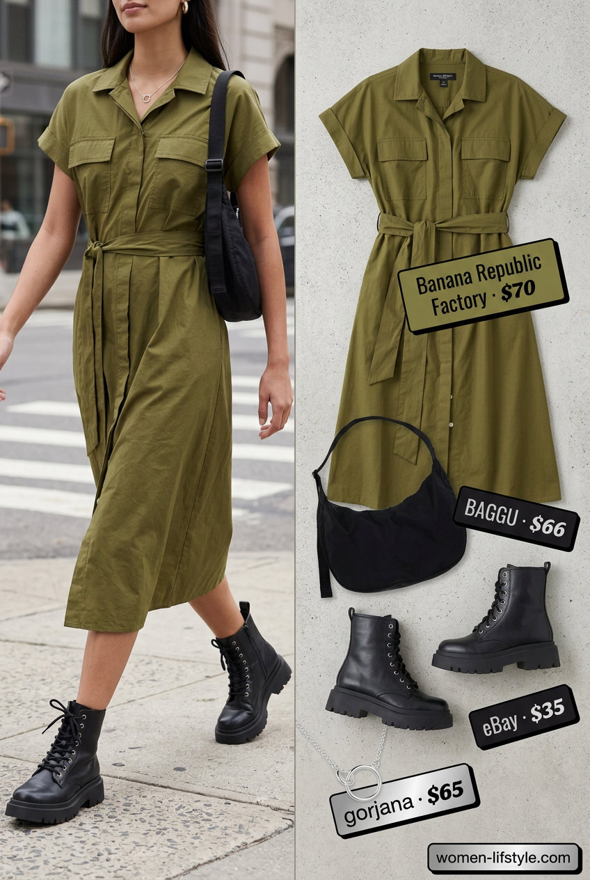 Olive green utility shirt dress for women 2026, great for casual days and festivals. Styled with combat boots and a crossbody bag.