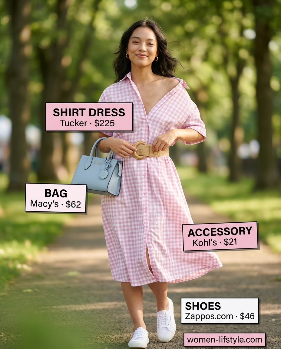 Pastel pink gingham shirt dress for women 2026, perfect for picnics and farmers markets. Styled with canvas sneakers and a straw belt.