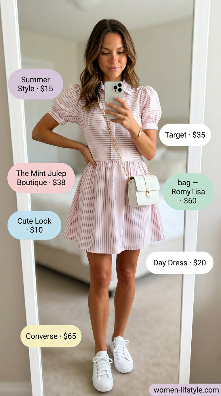 Pastel stripe shirt dress for women 2026, perfect for garden parties and summer luncheons. Feminine and chic.