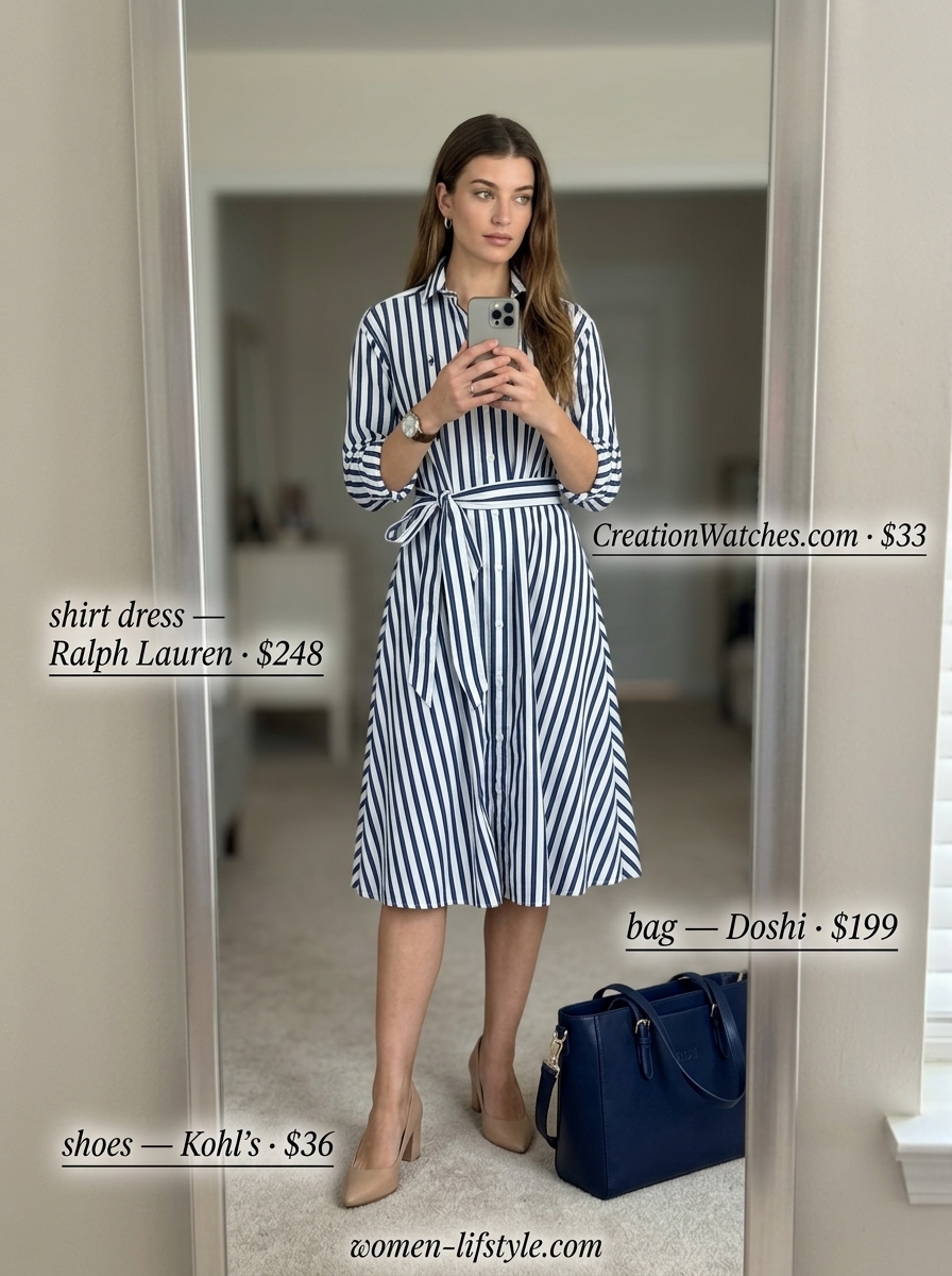 Pinstripe shirt dress for women 2026, offering a polished look for smart casual and office attire.