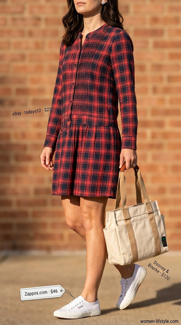 Casual red and navy plaid shirt dress for women 2026, perfect for weekend brunch and shopping.