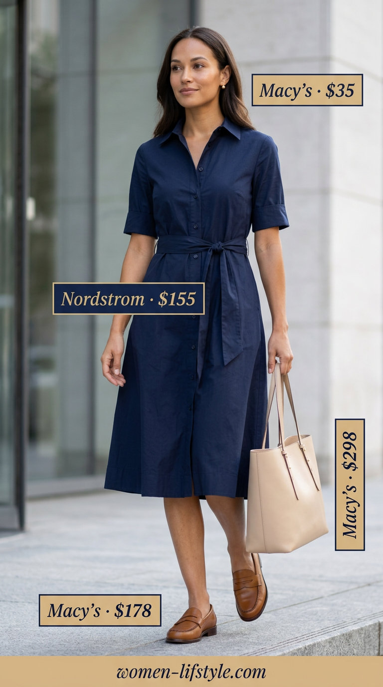 Polished professional navy blue cotton shirt dress for women 2026, paired with loafers and a structured tote for office wear.