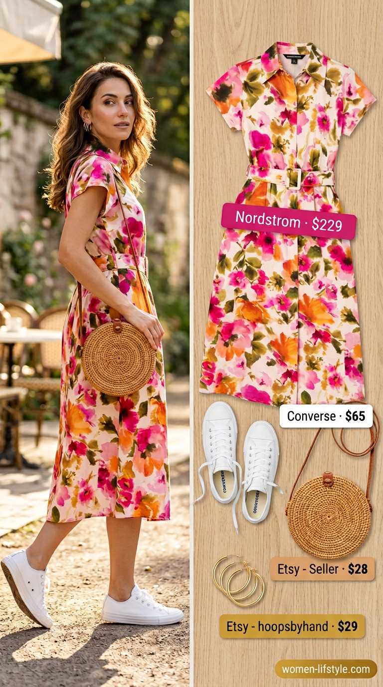 Multicolor floral shirt dress for women 2026, ideal for casual days and summer brunch. Styled with white sneakers and a straw bag.